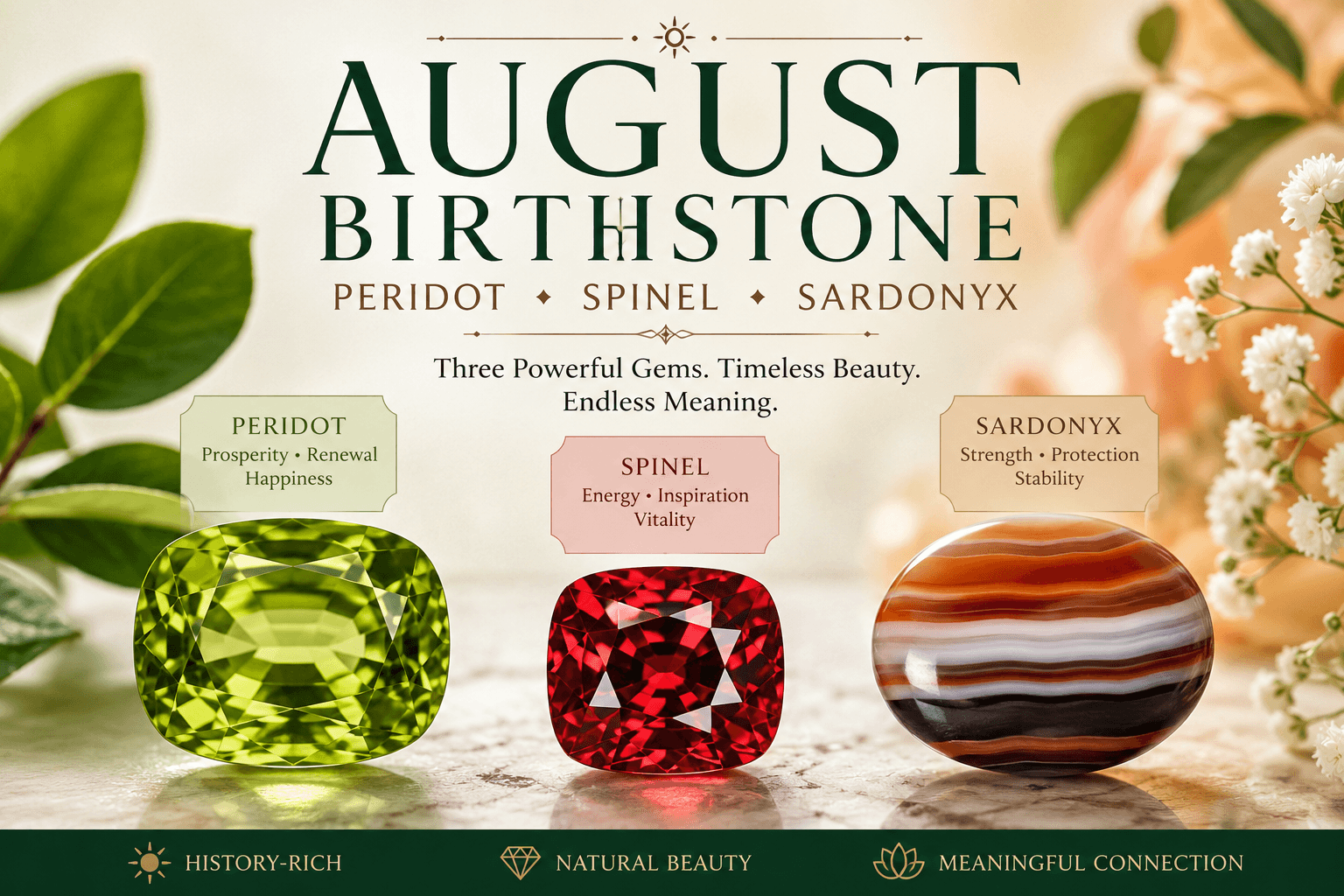 August Birthstone: Complete Guide to Peridot, Spinel & Sardonyx
