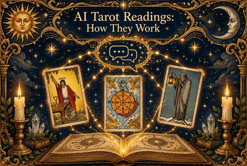 A glowing tarot card spread beside a chat window, illustrating an AI tarot reading