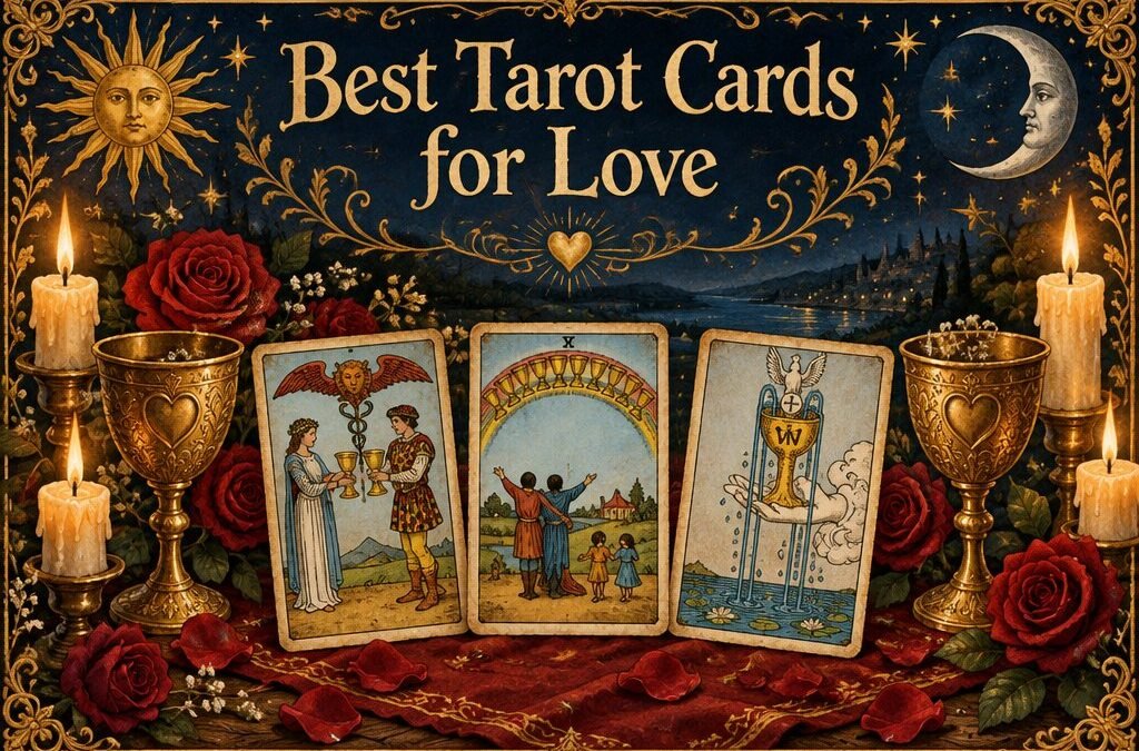 The Lovers and Two of Cups tarot cards surrounded by roses and candles on a romantic table