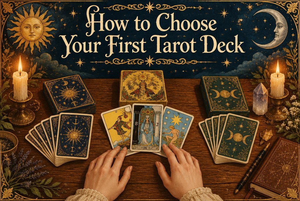 Several tarot decks fanned out on a candlelit wooden table for a beginner choosing a first deck