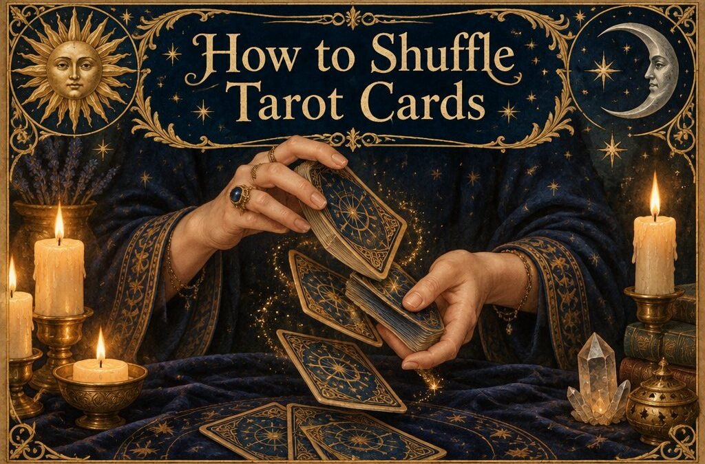Hands shuffling a tarot deck over a dark velvet cloth with candles in the background