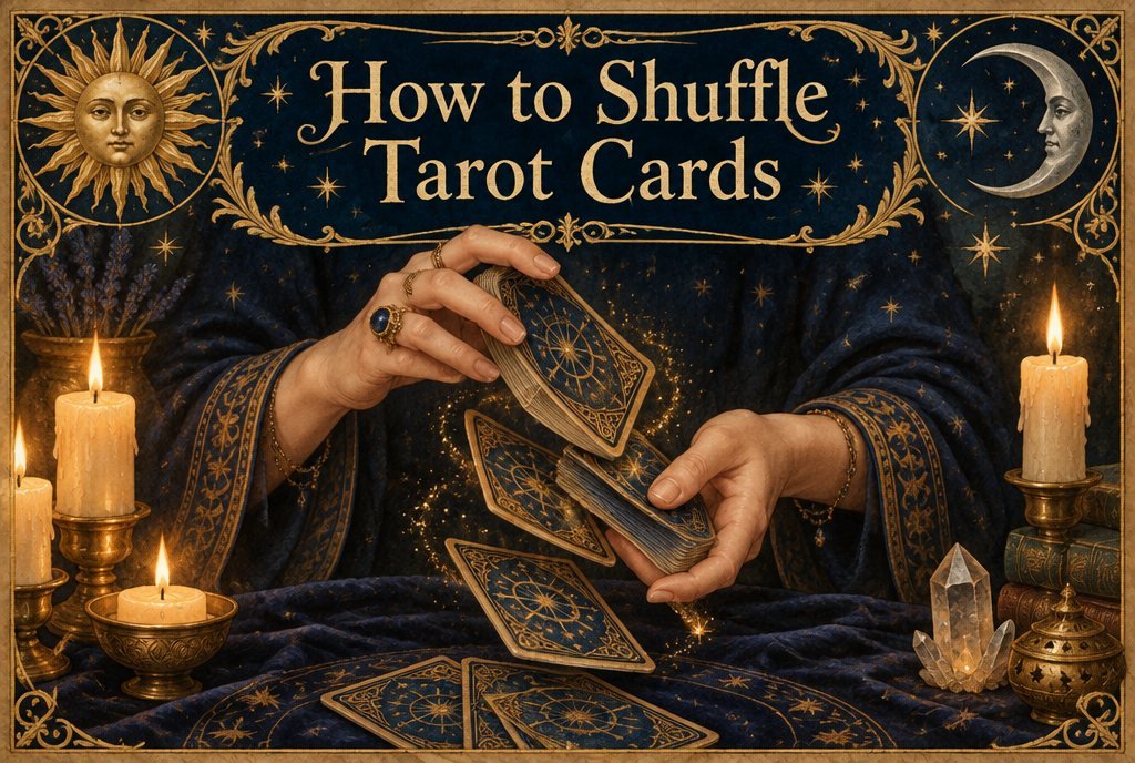 Hands shuffling a tarot deck over a dark velvet cloth with candles in the background