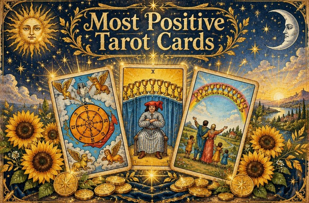 The Sun, Nine of Cups and Ten of Cups tarot cards glowing in golden light