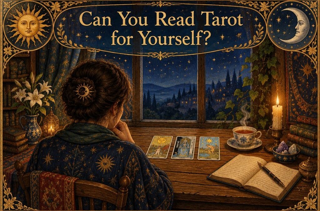 A person reading tarot alone at a candlelit table with a journal and a cup of tea