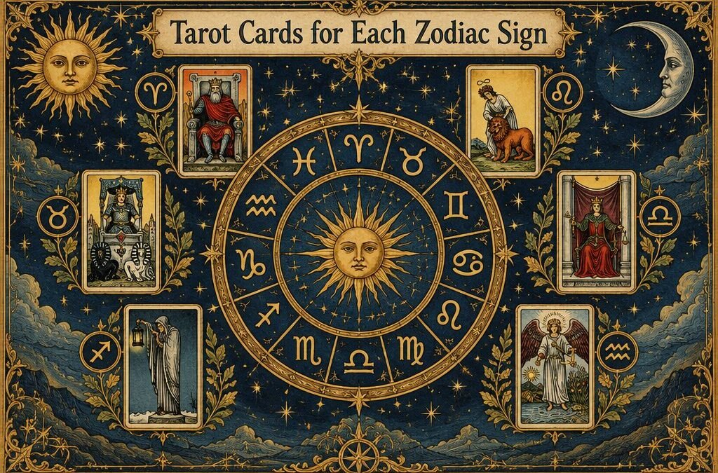 A circle of the twelve zodiac signs with a tarot card placed beside each sign