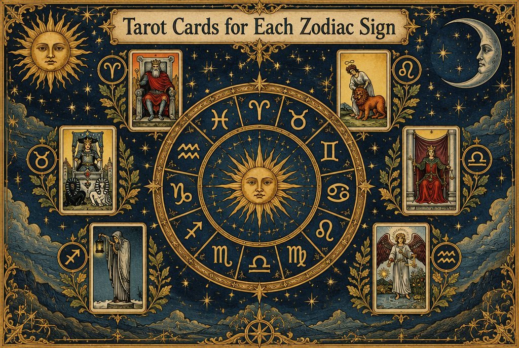 A circle of the twelve zodiac signs with a tarot card placed beside each sign