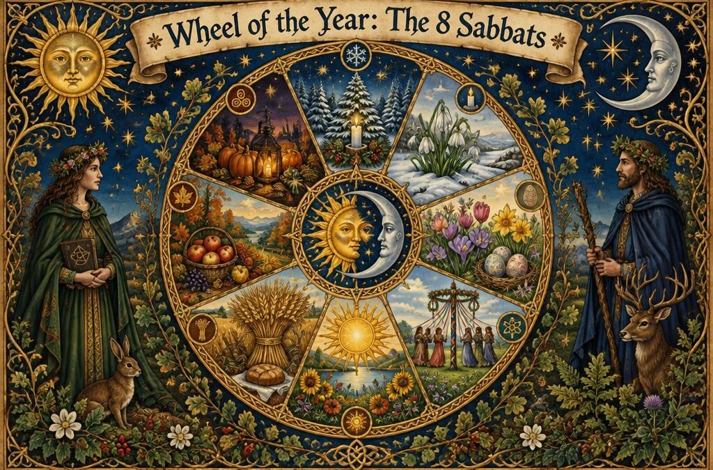 Illustrated Wheel of the Year showing the eight pagan sabbats around a circle of seasons